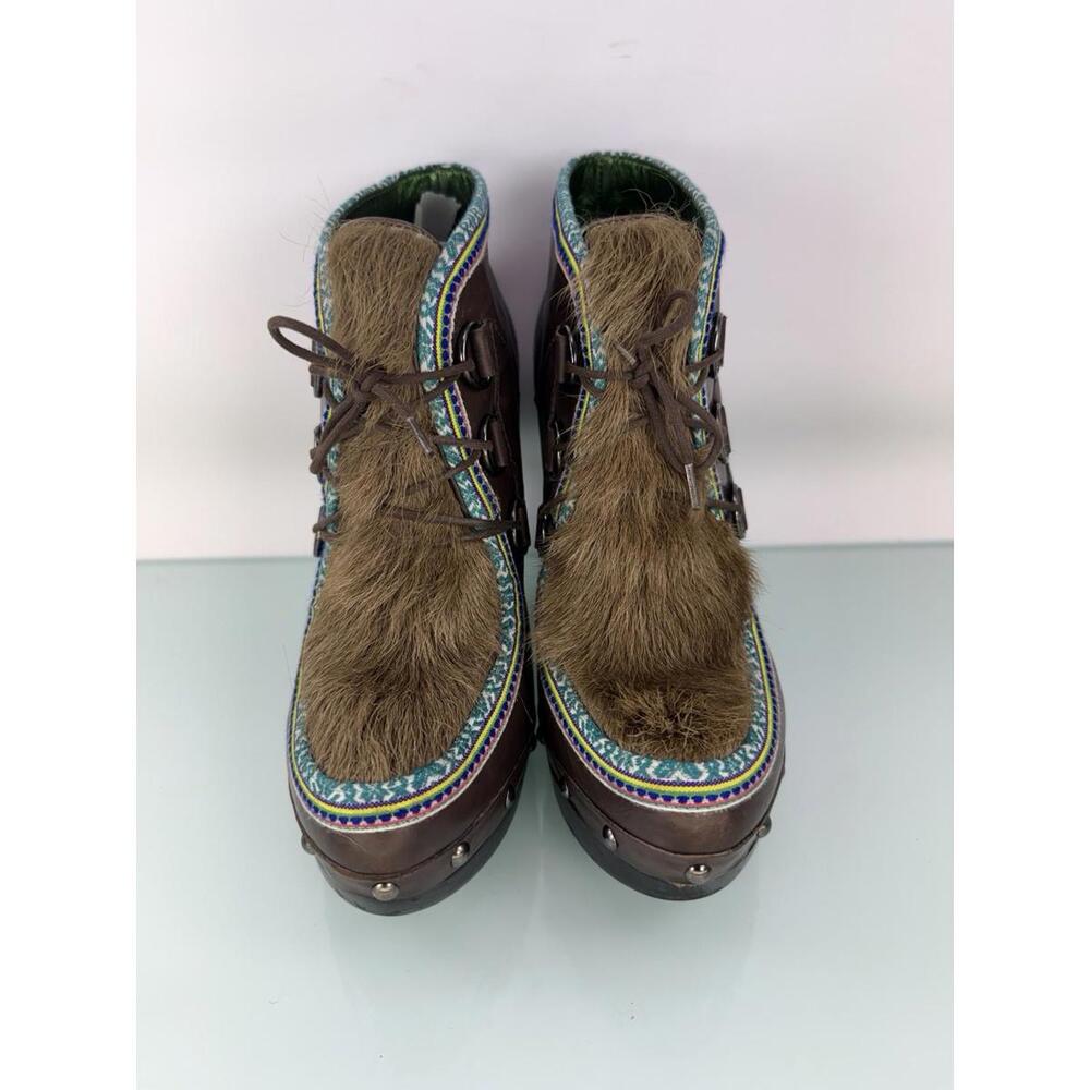 Sigerson Morrison Eskimo Brown Leather Fur Platform Heels Size 7 Boho Luxe Indie - Picture 2 of 9